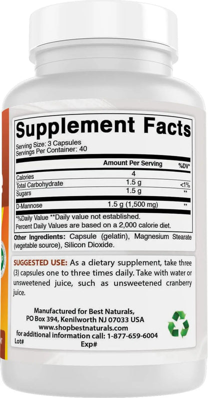 Best Naturals D-Mannose Capsules - Urinary Tract Cleanse Supplement 1500mg/Serving - 120 Count - dailyvitalstore