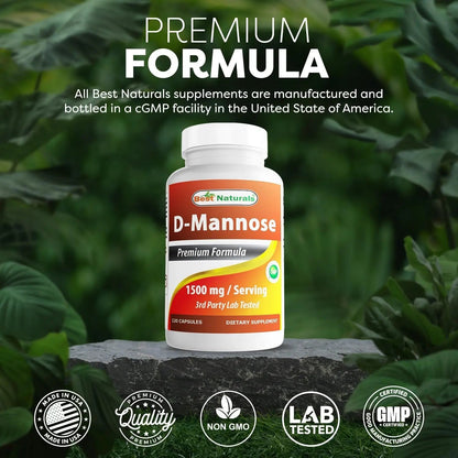 Best Naturals D-Mannose Capsules - Urinary Tract Cleanse Supplement 1500mg/Serving - 120 Count - dailyvitalstore