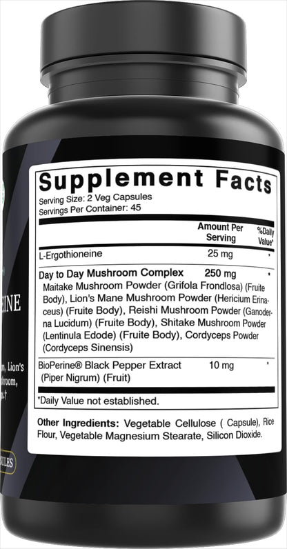Best Naturals Day-to-Day L-Ergothioneine 25 mg with Maitake Mushrom, Lion's Mane Mushroom, Reishi Mushroom 90 Capsules - dailyvitalstore