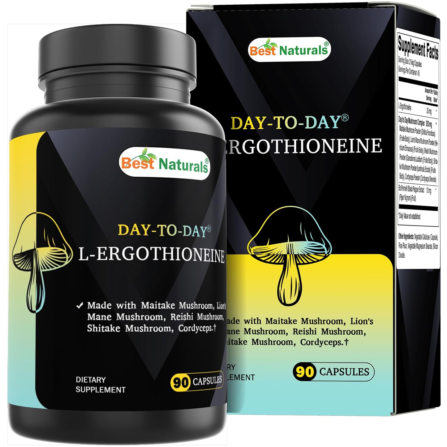 Best Naturals Day-to-Day L-Ergothioneine 25 mg with Maitake Mushrom, Lion's Mane Mushroom, Reishi Mushroom 90 Capsules - dailyvitalstore