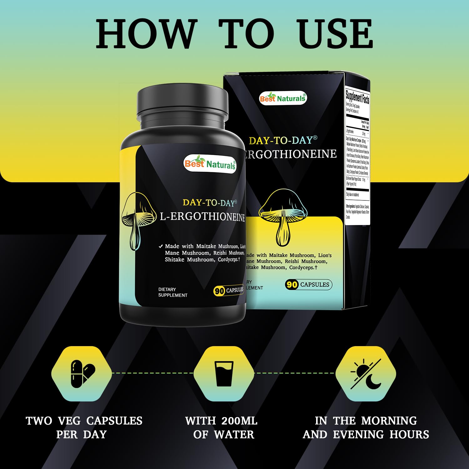 Best Naturals Day-to-Day L-Ergothioneine 25 mg with Maitake Mushrom, Lion's Mane Mushroom, Reishi Mushroom 90 Capsules - dailyvitalstore