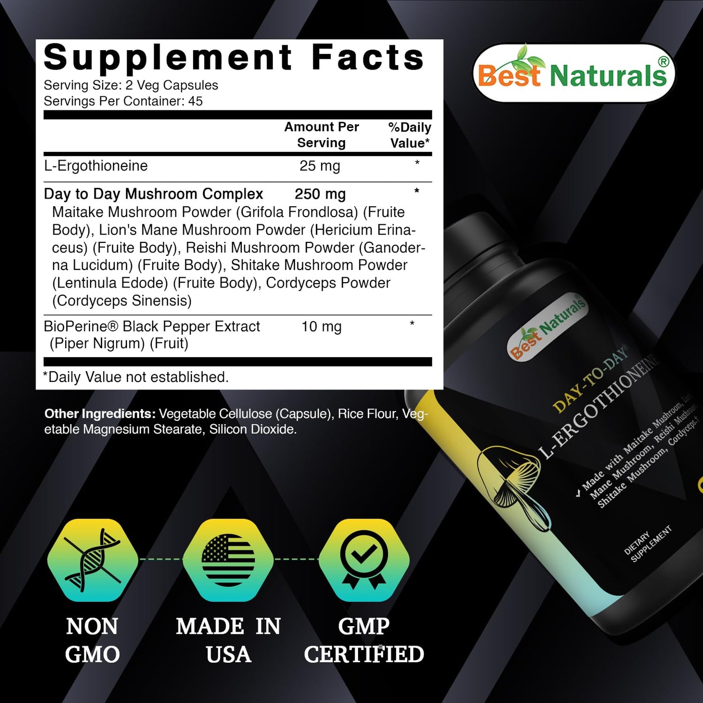 Best Naturals Day-to-Day L-Ergothioneine 25 mg with Maitake Mushrom, Lion's Mane Mushroom, Reishi Mushroom 90 Capsules - dailyvitalstore