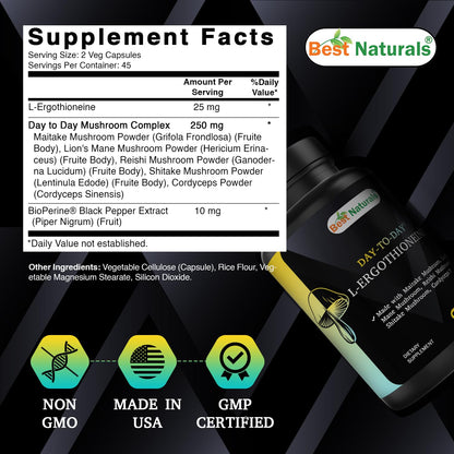 Best Naturals Day-to-Day L-Ergothioneine 25 mg with Maitake Mushrom, Lion's Mane Mushroom, Reishi Mushroom 90 Capsules - dailyvitalstore