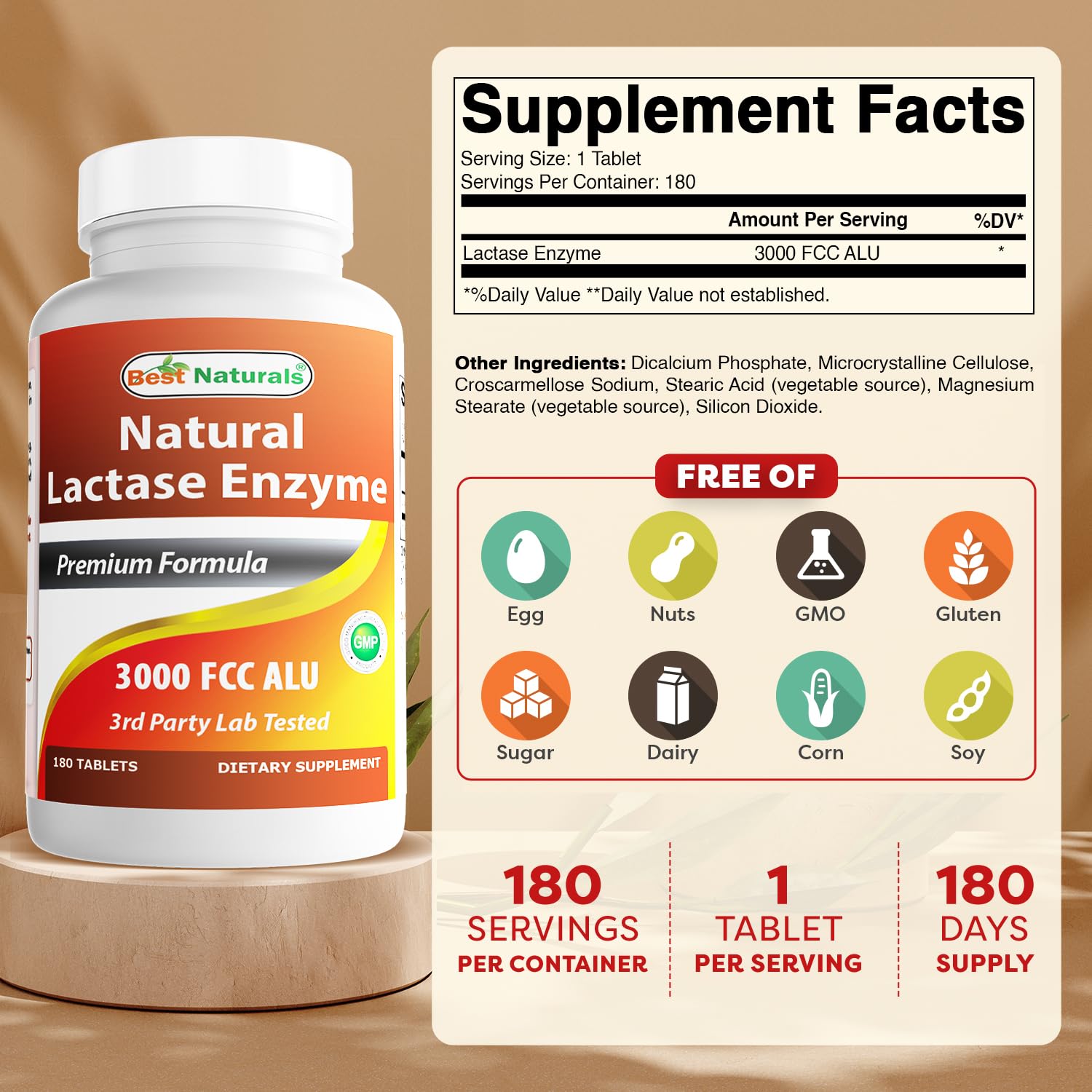 Best Naturals Fast Acting Lactase Enzyme Tablet, 3000 Fcc Alu, 180 Count - dailyvitalstore