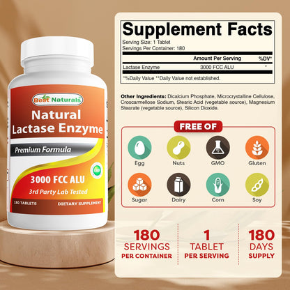 Best Naturals Fast Acting Lactase Enzyme Tablet, 3000 Fcc Alu, 180 Count - dailyvitalstore