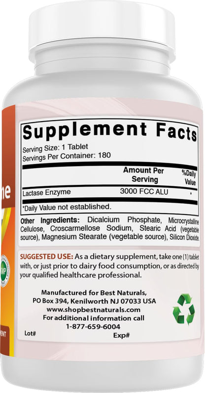 Best Naturals Fast Acting Lactase Enzyme Tablet, 3000 Fcc Alu, 180 Count - dailyvitalstore