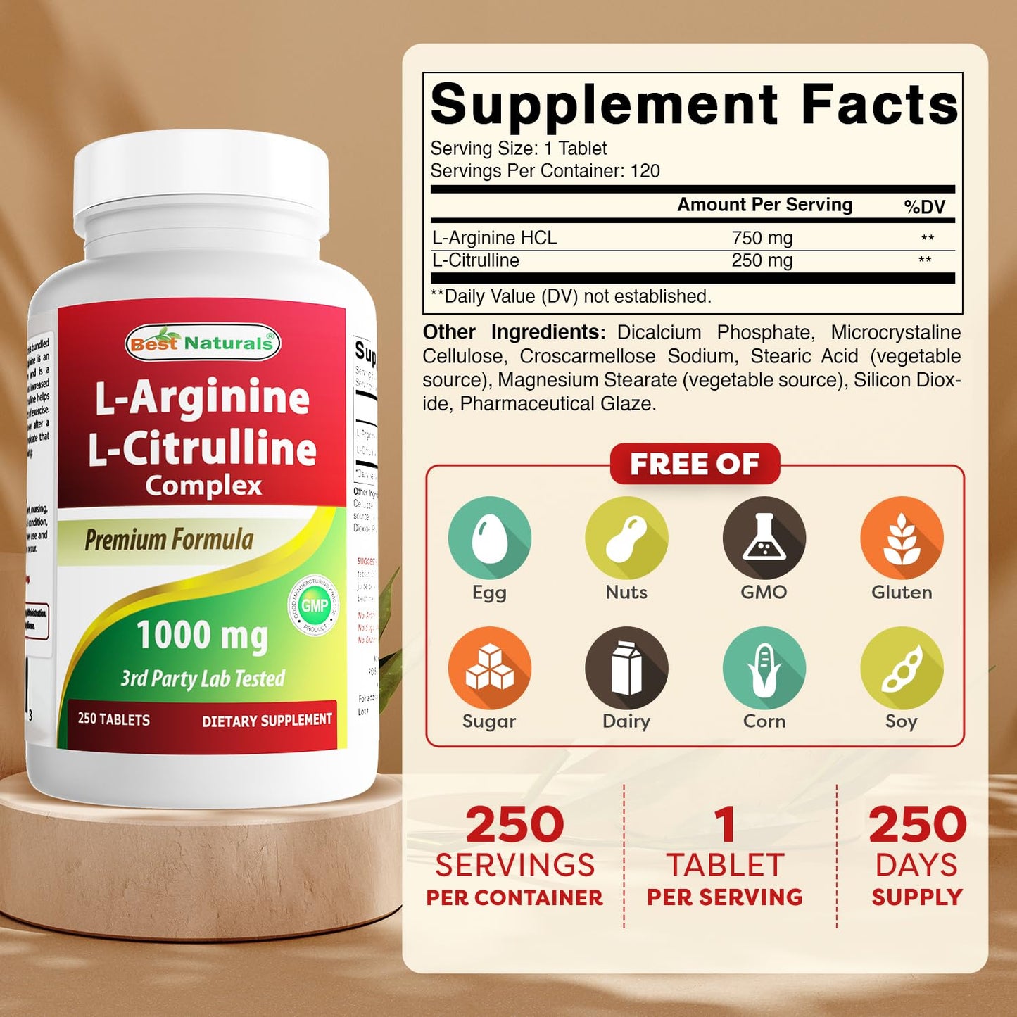 Best Naturals L-Arginine L-Citruline Complex Tablets, 250 Count - dailyvitalstore