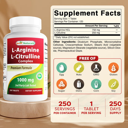 Best Naturals L-Arginine L-Citruline Complex Tablets, 250 Count - dailyvitalstore