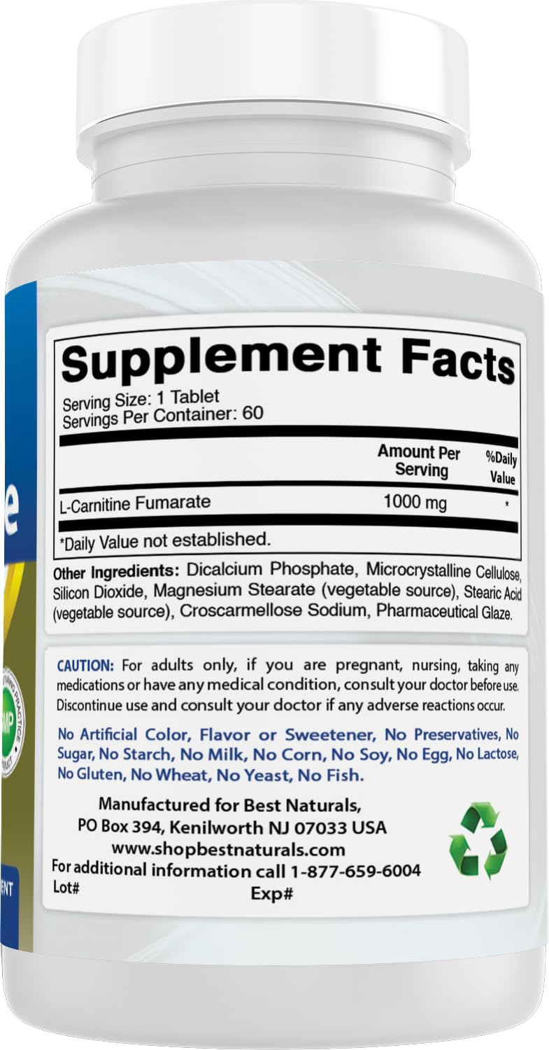 Best Naturals L-Carnitine 1000mg 60 Tablets (60 Count (Pack of 1)) - dailyvitalstore