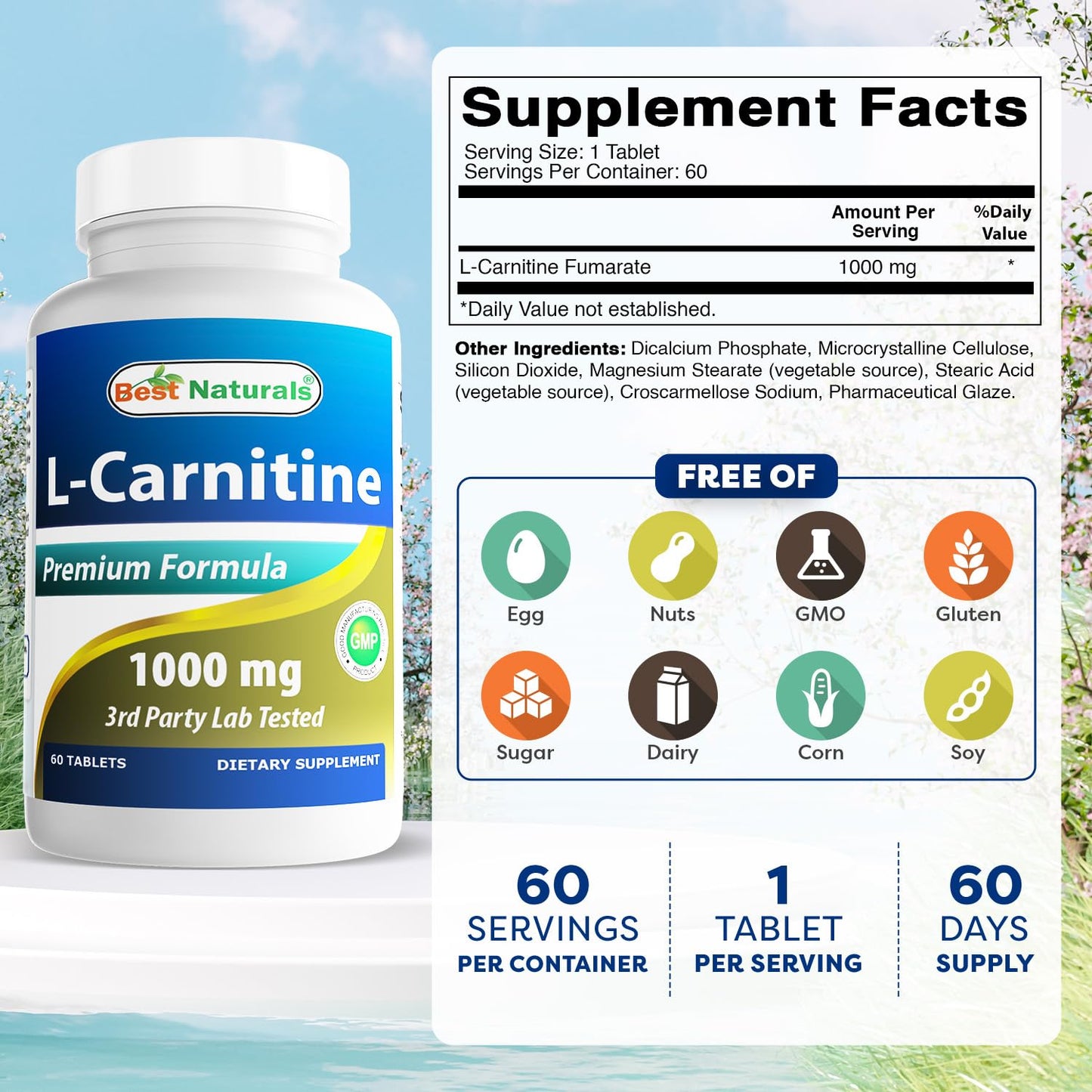 Best Naturals L-Carnitine 1000mg 60 Tablets (60 Count (Pack of 1)) - dailyvitalstore