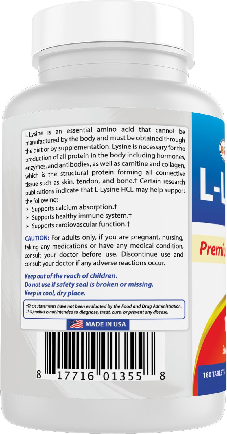 Best Naturals L-Lysine 1000mg 180 Tablets - Double Strength Lysine for stronger immune health & cold sores - dailyvitalstore