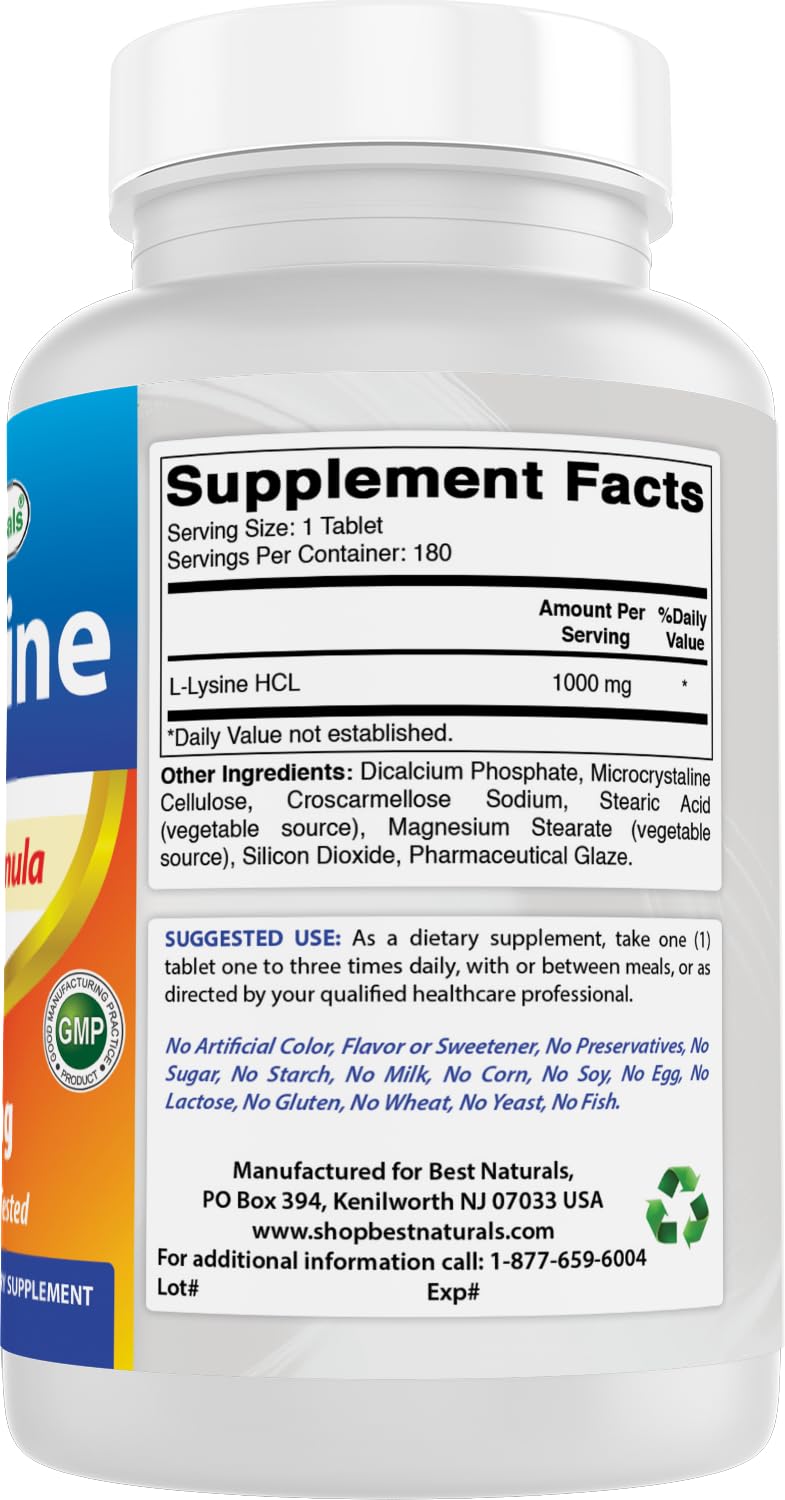 Best Naturals L-Lysine 1000mg 180 Tablets - Double Strength Lysine for stronger immune health & cold sores - dailyvitalstore