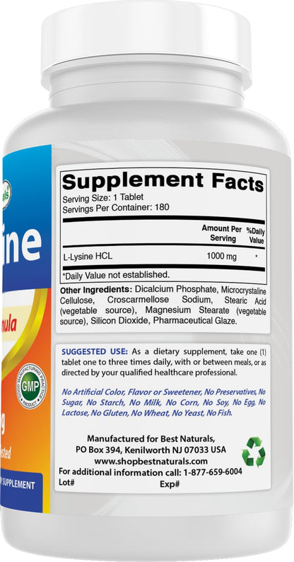 Best Naturals L-Lysine 1000mg 180 Tablets - Double Strength Lysine for stronger immune health & cold sores - dailyvitalstore