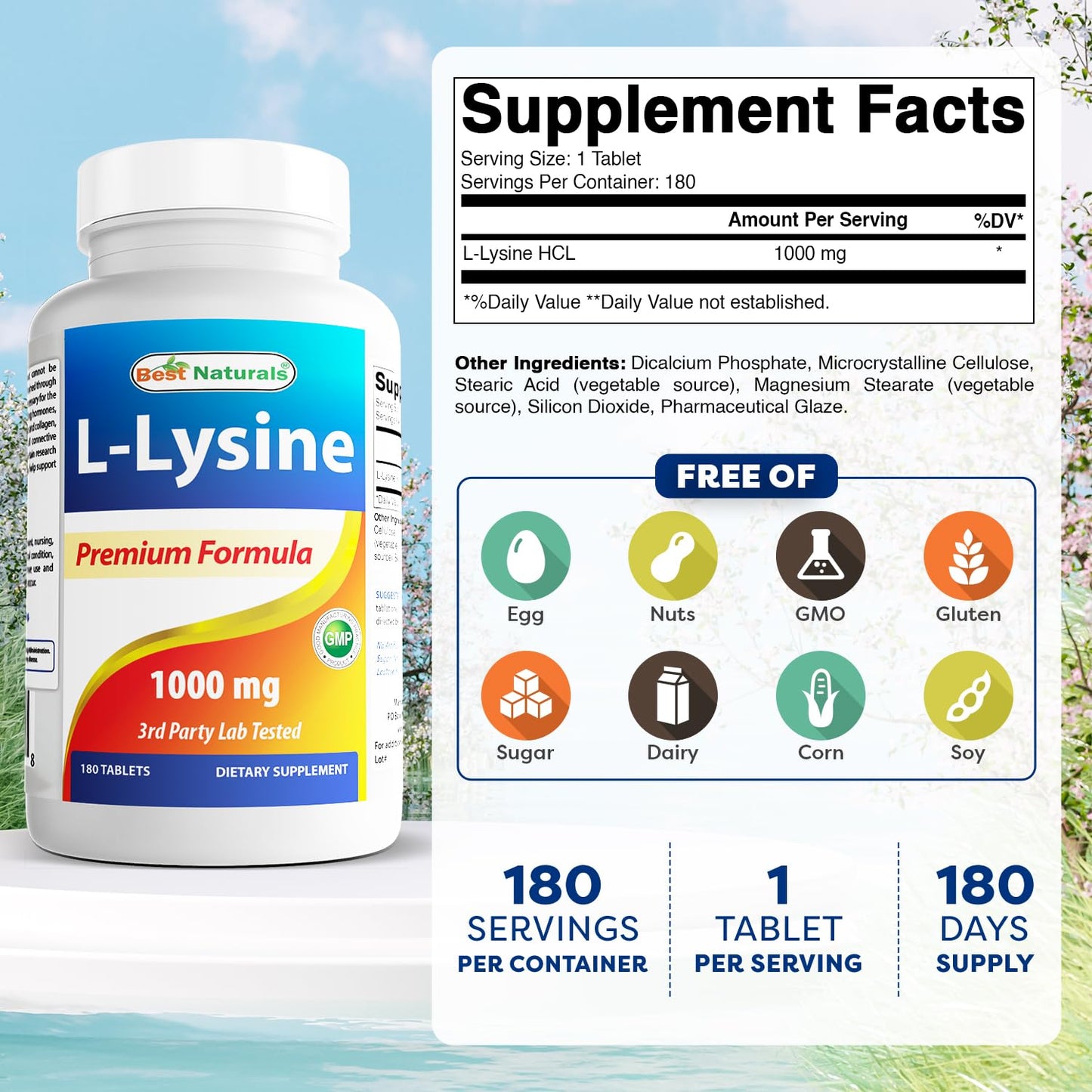 Best Naturals L-Lysine 1000mg 180 Tablets - Double Strength Lysine for stronger immune health & cold sores - dailyvitalstore