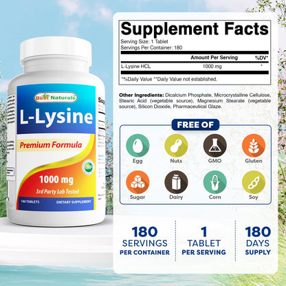 Best Naturals L-Lysine 1000mg 180 Tablets - Double Strength Lysine for stronger immune health & cold sores - dailyvitalstore