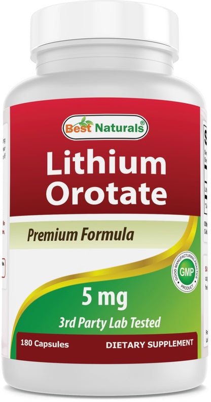 Best Naturals Lithium Orotate 5 mg 180 Capsules - Non GMO - Gluten Free - dailyvitalstore