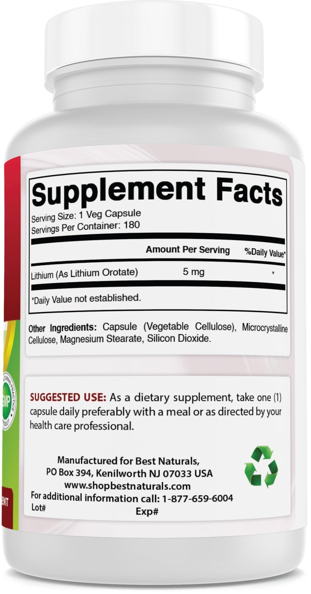 Best Naturals Lithium Orotate 5 mg 180 Capsules - Non GMO - Gluten Free - dailyvitalstore