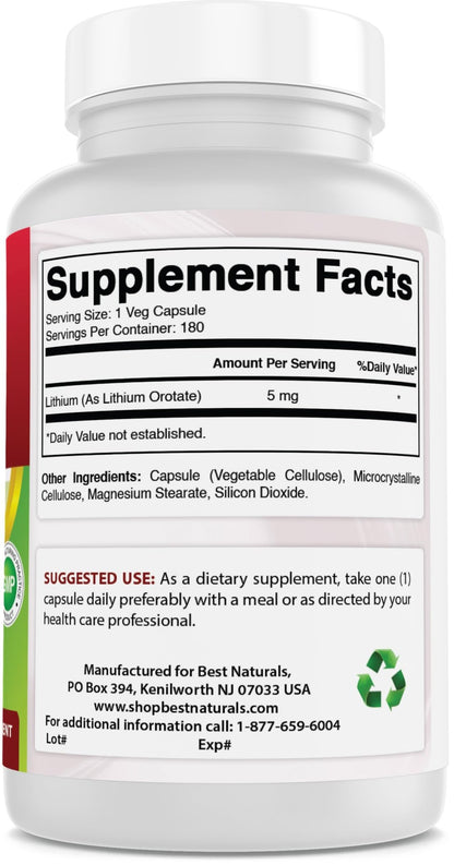 Best Naturals Lithium Orotate 5 mg 180 Capsules - Non GMO - Gluten Free - dailyvitalstore