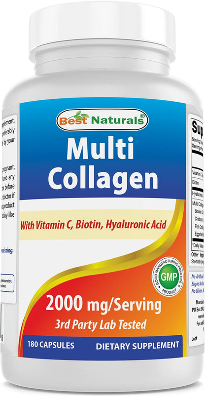 Best Naturals Multi Collagen Pills 2000mg for Women & Men - Hydrolyzed Collagen Peptides Capsules for Hair Skin and Nails with Types I II III V X, Biotin, Hyaluronic Acid & Vitamin C - dailyvitalstore
