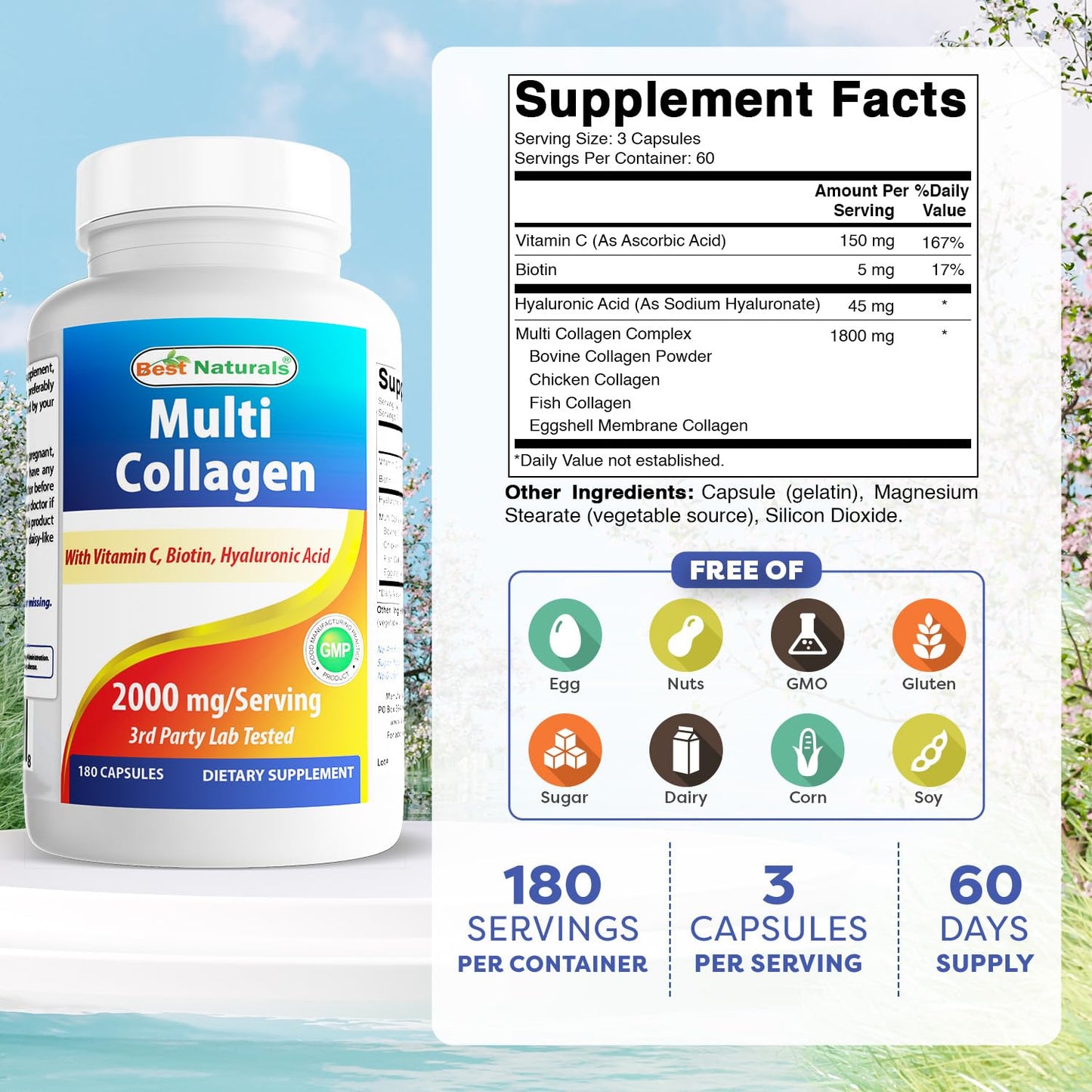 Best Naturals Multi Collagen Pills 2000mg for Women & Men - Hydrolyzed Collagen Peptides Capsules for Hair Skin and Nails with Types I II III V X, Biotin, Hyaluronic Acid & Vitamin C - dailyvitalstore