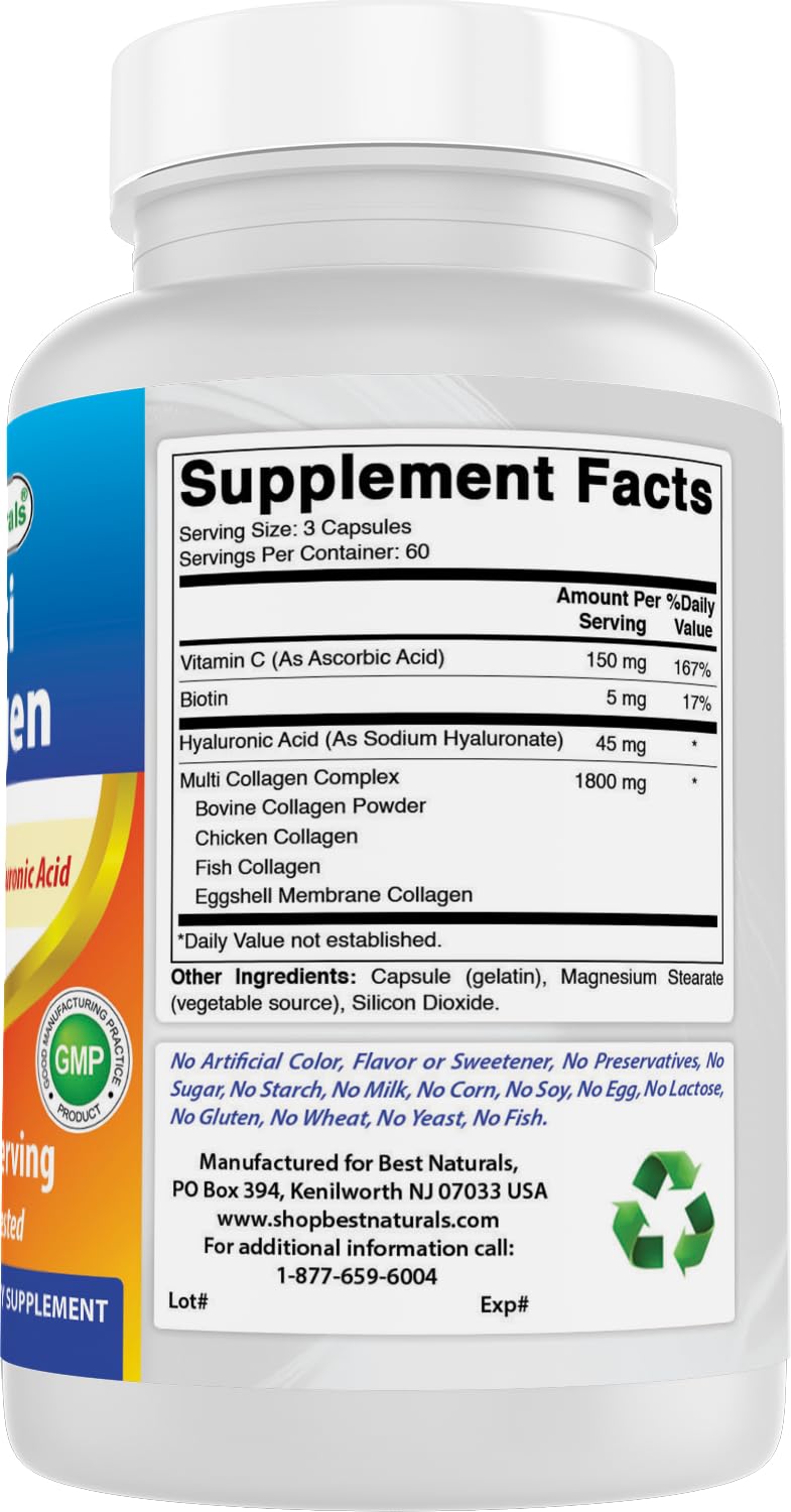 Best Naturals Multi Collagen Pills 2000mg for Women & Men - Hydrolyzed Collagen Peptides Capsules for Hair Skin and Nails with Types I II III V X, Biotin, Hyaluronic Acid & Vitamin C - dailyvitalstore