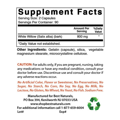 Best Naturals White Willow Bark 400 mg 180 Capsules (180 Count (Pack of 3)) - dailyvitalstore