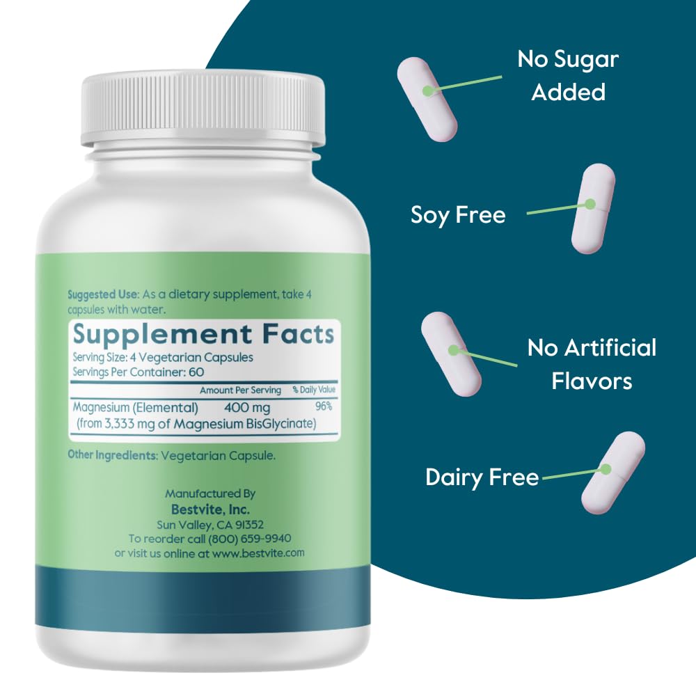 BESTVITE Filler-Free Magnesium Glycinate - 400mg of Magnesium per Serving (240 Veg Caps)- Chelated Bisglycinate for Muscle, Relaxation, Stress & Sleep Support* - For Men & Women - No Stearates - Vegan - dailyvitalstore