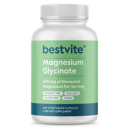 BESTVITE Filler-Free Magnesium Glycinate - 400mg of Magnesium per Serving (240 Veg Caps)- Chelated Bisglycinate for Muscle, Relaxation, Stress & Sleep Support* - For Men & Women - No Stearates - Vegan - dailyvitalstore