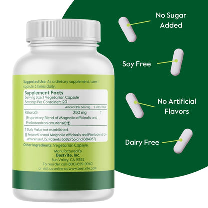 BESTVITE Filler-Free Relora 250mg (240 Vegetarian Capsules) (120 x 2) – Clinically Researched – No Stearates – Vegan – No Fillers – Supports the Management of Occasional Stress* - dailyvitalstore