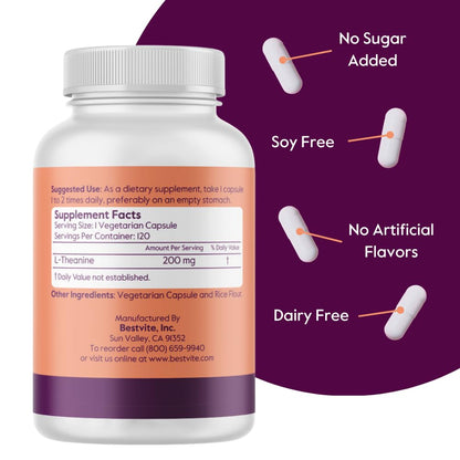 BESTVITE L-Theanine 200mg (120 Vegetarian Capsules) - No Stearates - Vegan - Non GMO - Gluten Free - dailyvitalstore