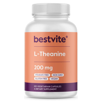 BESTVITE L-Theanine 200mg (120 Vegetarian Capsules) - No Stearates - Vegan - Non GMO - Gluten Free - dailyvitalstore