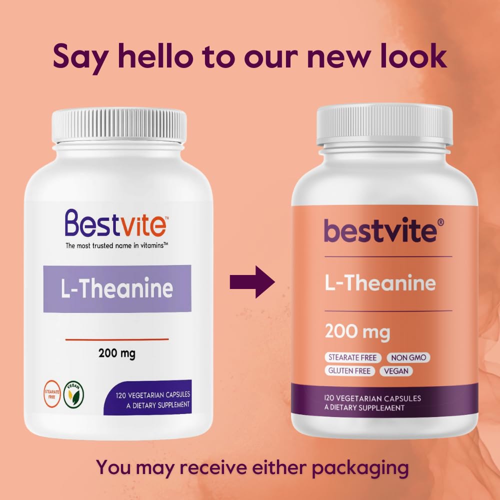 BESTVITE L-Theanine 200mg (120 Vegetarian Capsules) - No Stearates - Vegan - Non GMO - Gluten Free - dailyvitalstore