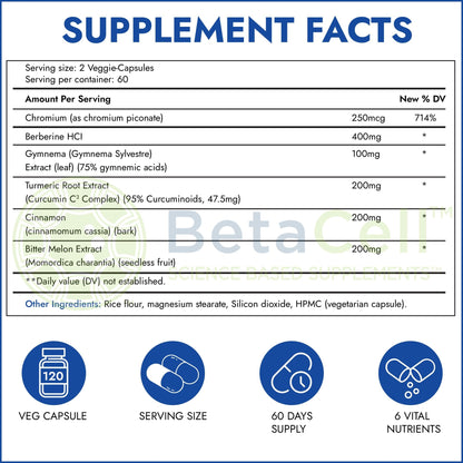 BETACELL Glucofix - Supplement - Herbal Supplement with Cinnamon, Gymnema, , Bitter Melon, and Turmeric - 120 Capsules - dailyvitalstore