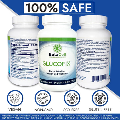 BETACELL Glucofix - Supplement - Herbal Supplement with Cinnamon, Gymnema, , Bitter Melon, and Turmeric - 120 Capsules - dailyvitalstore