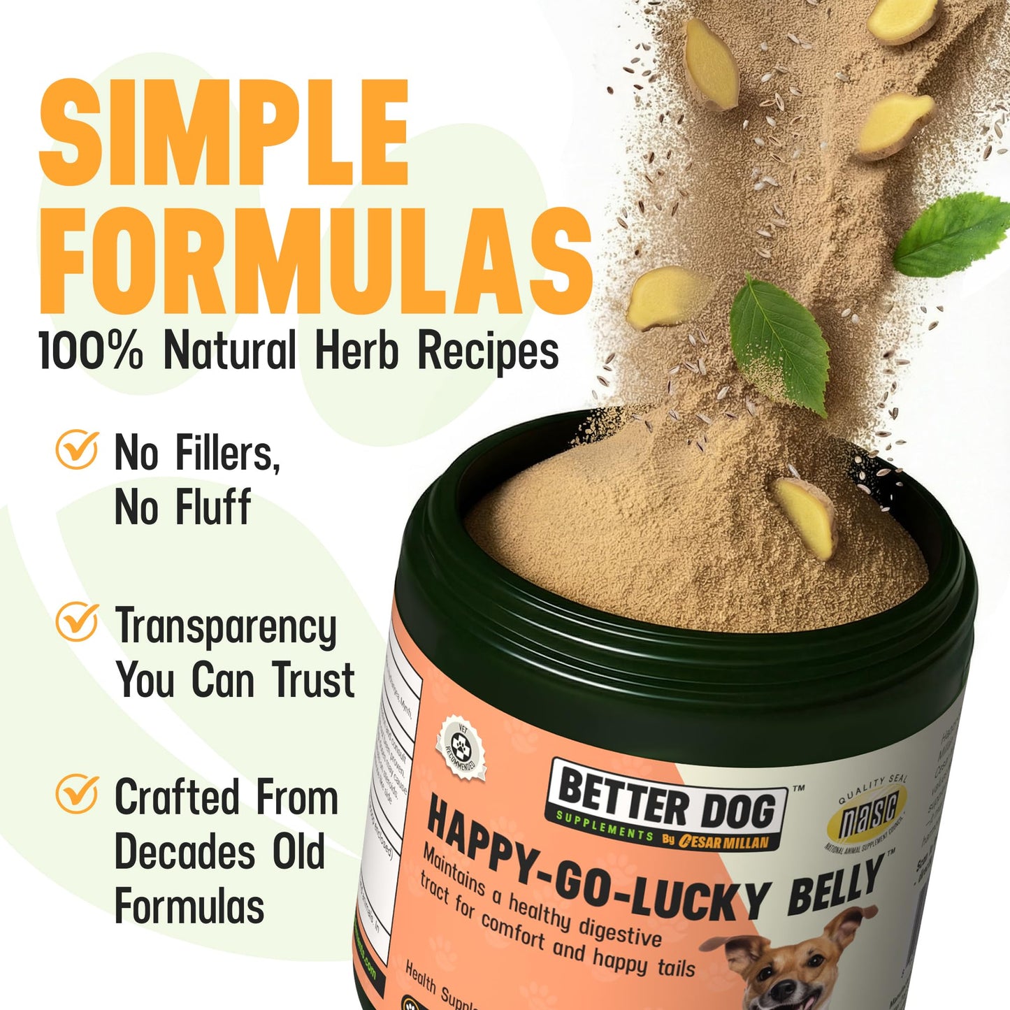 Better Dog Supplements Happy-Go-Lucky Belly by Cesar Millan - Natural Dog Digestive Support Powder – Dog Constipation Relief, Gut Balance & Regularity with Herbal Fiber for Dogs – 4oz (60-Day Supply) - dailyvitalstore