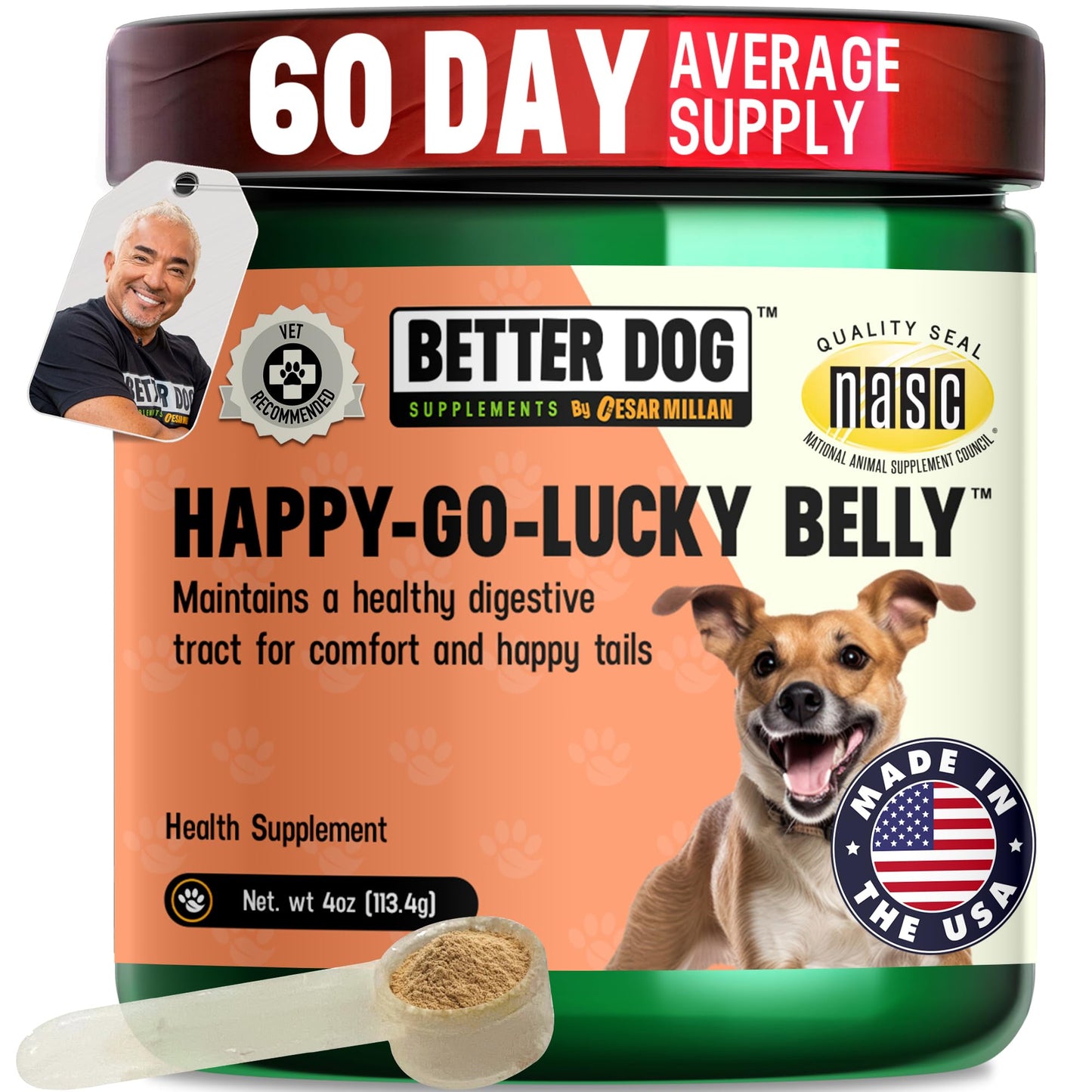 Better Dog Supplements Happy-Go-Lucky Belly by Cesar Millan - Natural Dog Digestive Support Powder – Dog Constipation Relief, Gut Balance & Regularity with Herbal Fiber for Dogs – 4oz (60-Day Supply) - dailyvitalstore