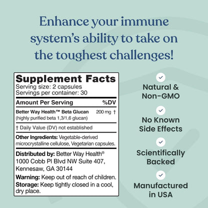 Better Way Health™ - Advanced Immune Readiness - Highly Purified 1,3/1,6 Beta Glucan 100 - Clinically Tested Immune Defense - 100mg/60 Capsules - dailyvitalstore