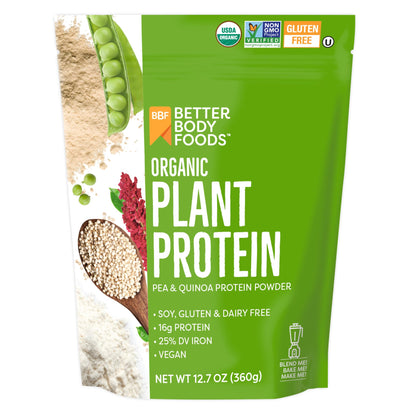 BetterBody Foods Organic Plant Based Protein Powder, 16g of Protein 24% DV, Vegan, Low Net Carbs, Gluten Free, Dairy Free, No Sugar Added, Soy Free, Non-GMO, 12.7 Ounces - dailyvitalstore