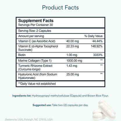 Bettervits Collagen Peptides Complex with Hyaluronic Acid & Turmeric | Hydrolyzed Marine Collagen Supplements for Women & Men | Collagen with Vitamin C - dailyvitalstore