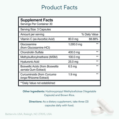 Bettervits Glucosamine Complex with MSM Сhondroitin | Joint Supplements for Women and Men with Vitamin C | Arthritis Support Supplement for Mobility & Flexibility - 90 Capsules - dailyvitalstore
