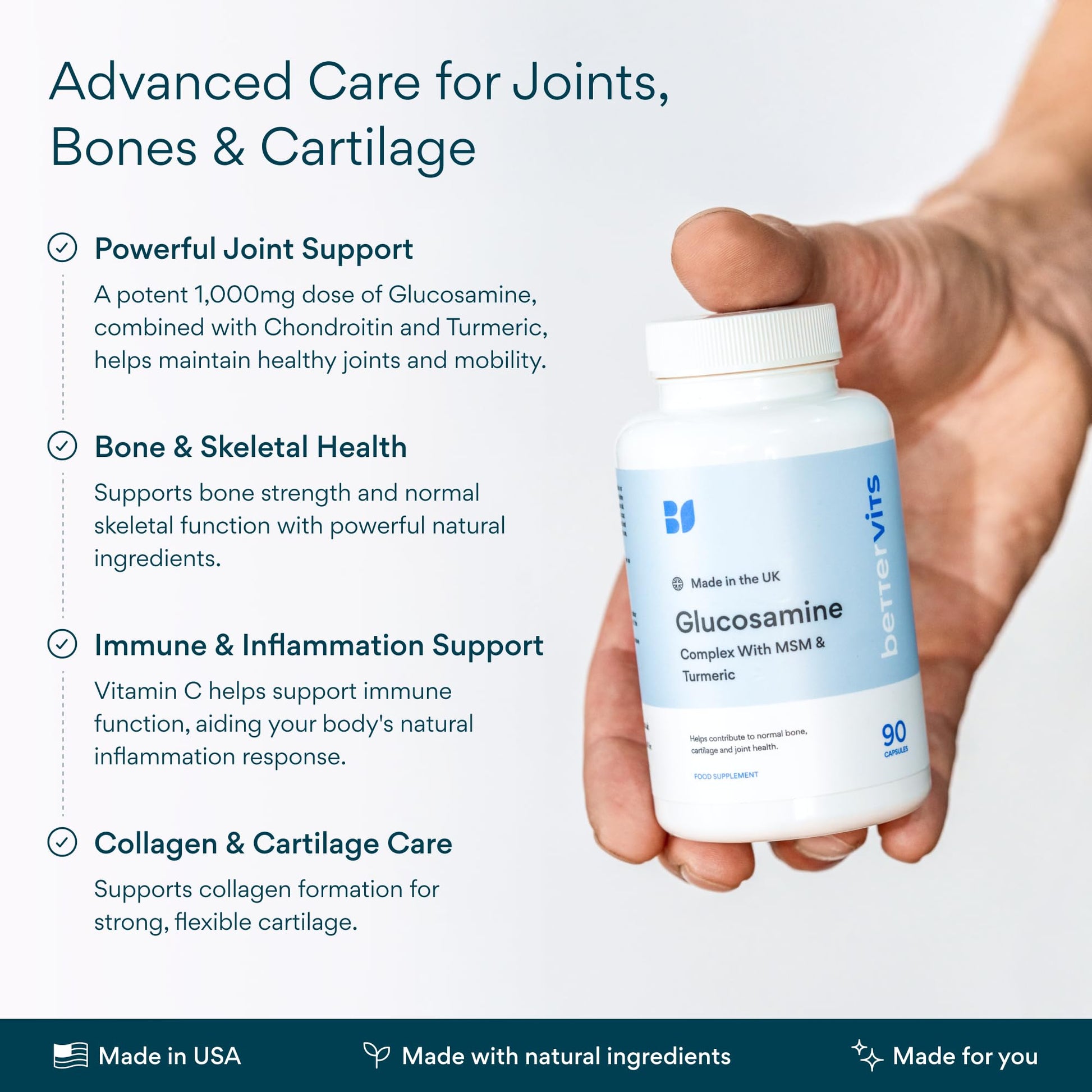 Bettervits Glucosamine Complex with MSM Сhondroitin | Joint Supplements for Women and Men with Vitamin C | Arthritis Support Supplement for Mobility & Flexibility - 90 Capsules - dailyvitalstore