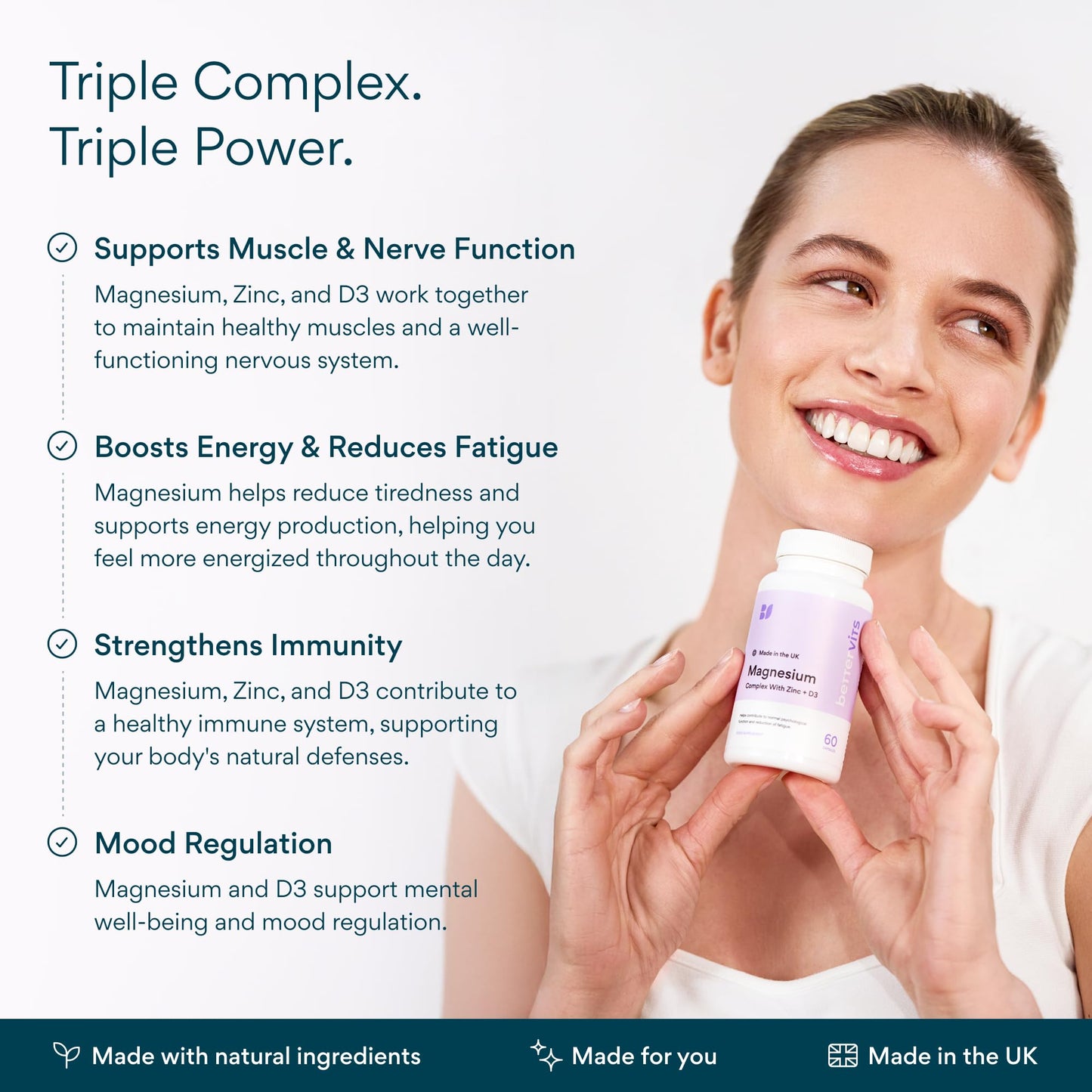 Bettervits Magnesium Glycinate Complex with Citrate Malate Zinc & Vitamin D3 | High Absorption Pure Magnesium 225mg Supplement Chelated Formula for Muscle Relaxation, Sleep Support – 60 Capsules - dailyvitalstore