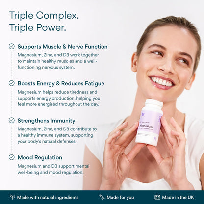 Bettervits Magnesium Glycinate Complex with Citrate Malate Zinc & Vitamin D3 | High Absorption Pure Magnesium 225mg Supplement Chelated Formula for Muscle Relaxation, Sleep Support – 60 Capsules - dailyvitalstore