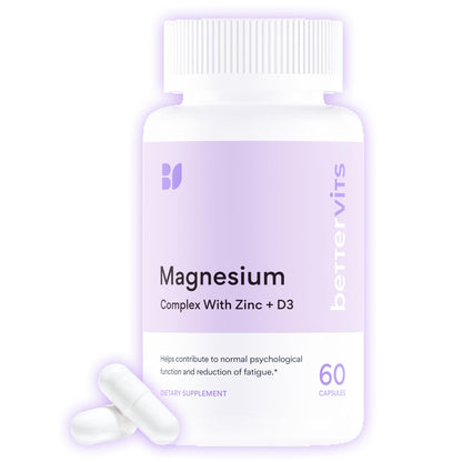 Bettervits Magnesium Glycinate Complex with Citrate Malate Zinc & Vitamin D3 | High Absorption Pure Magnesium 225mg Supplement Chelated Formula for Muscle Relaxation, Sleep Support – 60 Capsules - dailyvitalstore