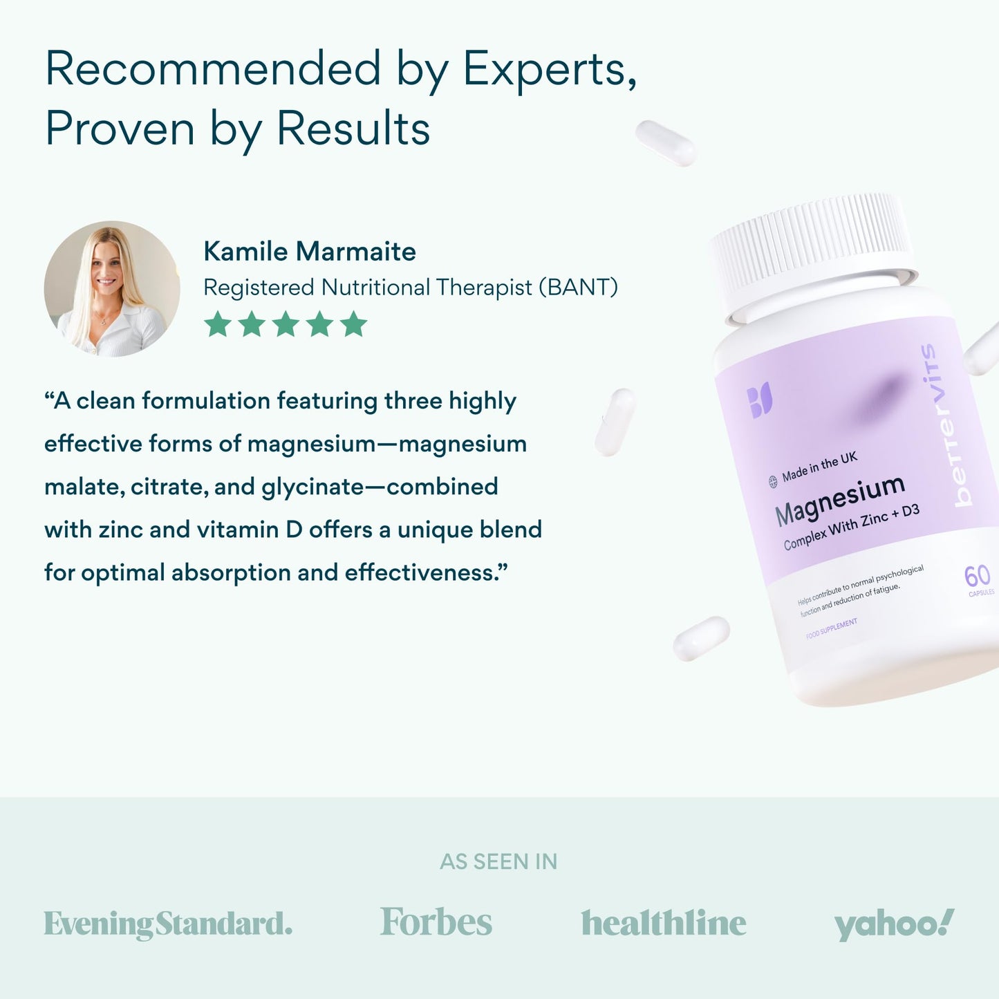 Bettervits Magnesium Glycinate Complex with Citrate Malate Zinc & Vitamin D3 | High Absorption Pure Magnesium 225mg Supplement Chelated Formula for Muscle Relaxation, Sleep Support – 60 Capsules - dailyvitalstore