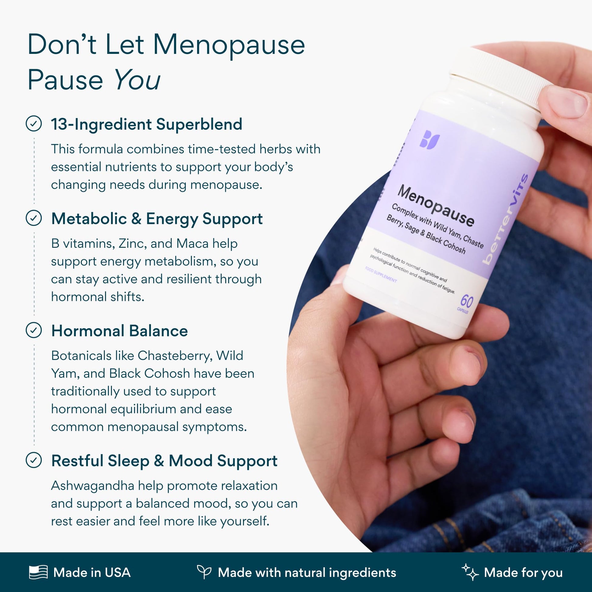 Bettervits Menopause Supplements for Women with Ashwagandha and Zinc | Hormone Balance Support with Vitamins D3 B6 B12 for Hot Flashes | Perimenopause Supplements for Monthly Wellness - 60 Capsules - dailyvitalstore