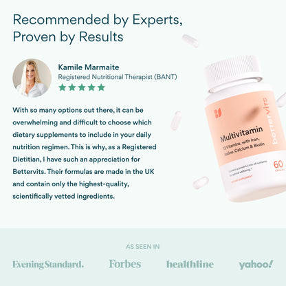 Bettervits Multivitamin for Women & Men | Womens Daily Multivitamin with 13 Essential Vitamins Iron, Iodine, Calcium and Biotin | Vitamins A, K2, D3, C, B1, B2, B3, B5, B6, B7, B9, B12 | 60 Capsules - dailyvitalstore