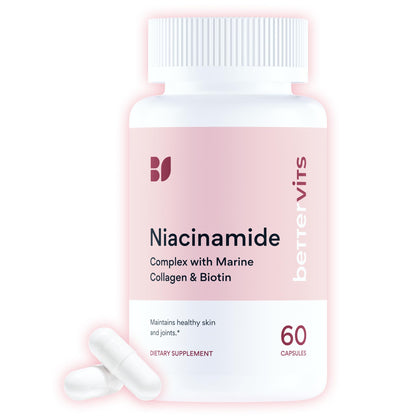 Bettervits Niacinamide Supplement with Vitamin B3, Marine Collagen & Hyaluronic Acid | High-Strength Vitamin B3 Capsules 300 mg. with Turmeric for Energy Metabolism - dailyvitalstore