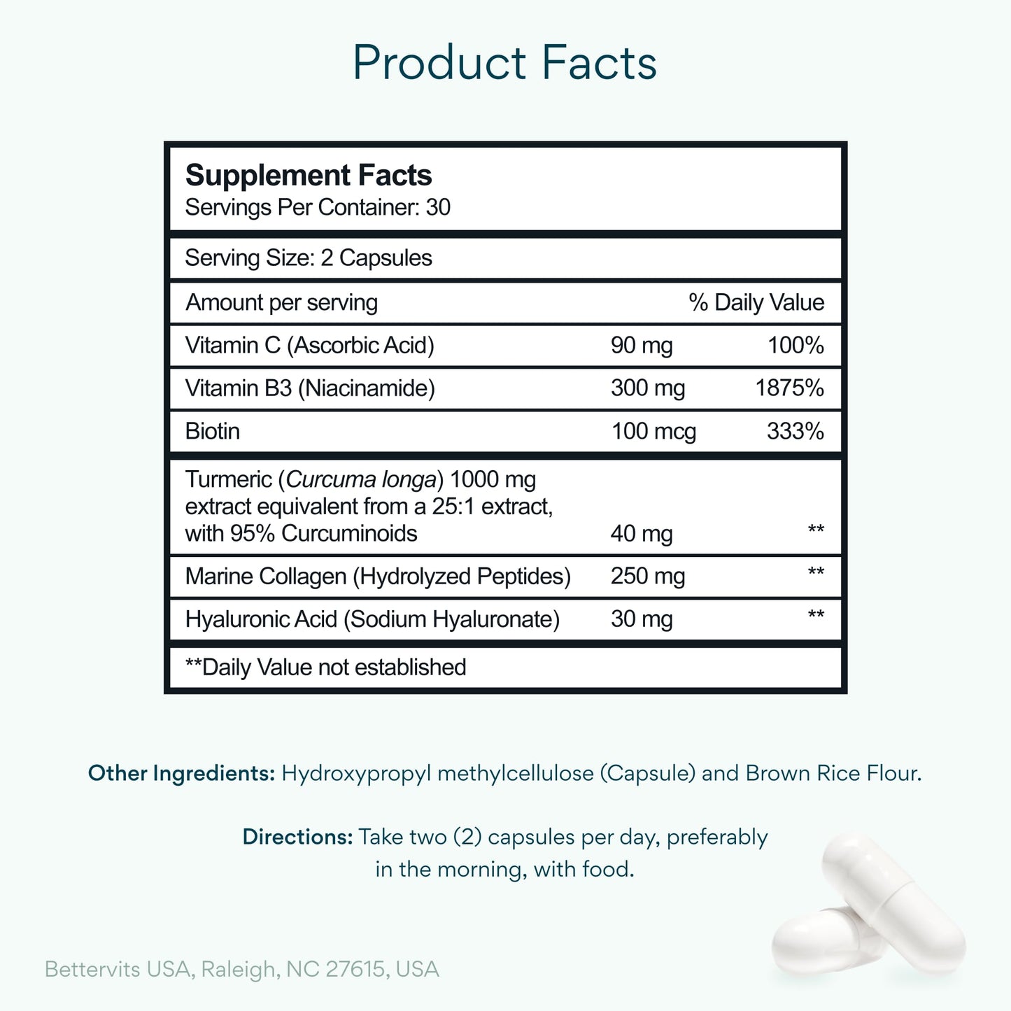 Bettervits Niacinamide Supplement with Vitamin B3, Marine Collagen & Hyaluronic Acid | High-Strength Vitamin B3 Capsules 300 mg. with Turmeric for Energy Metabolism - dailyvitalstore