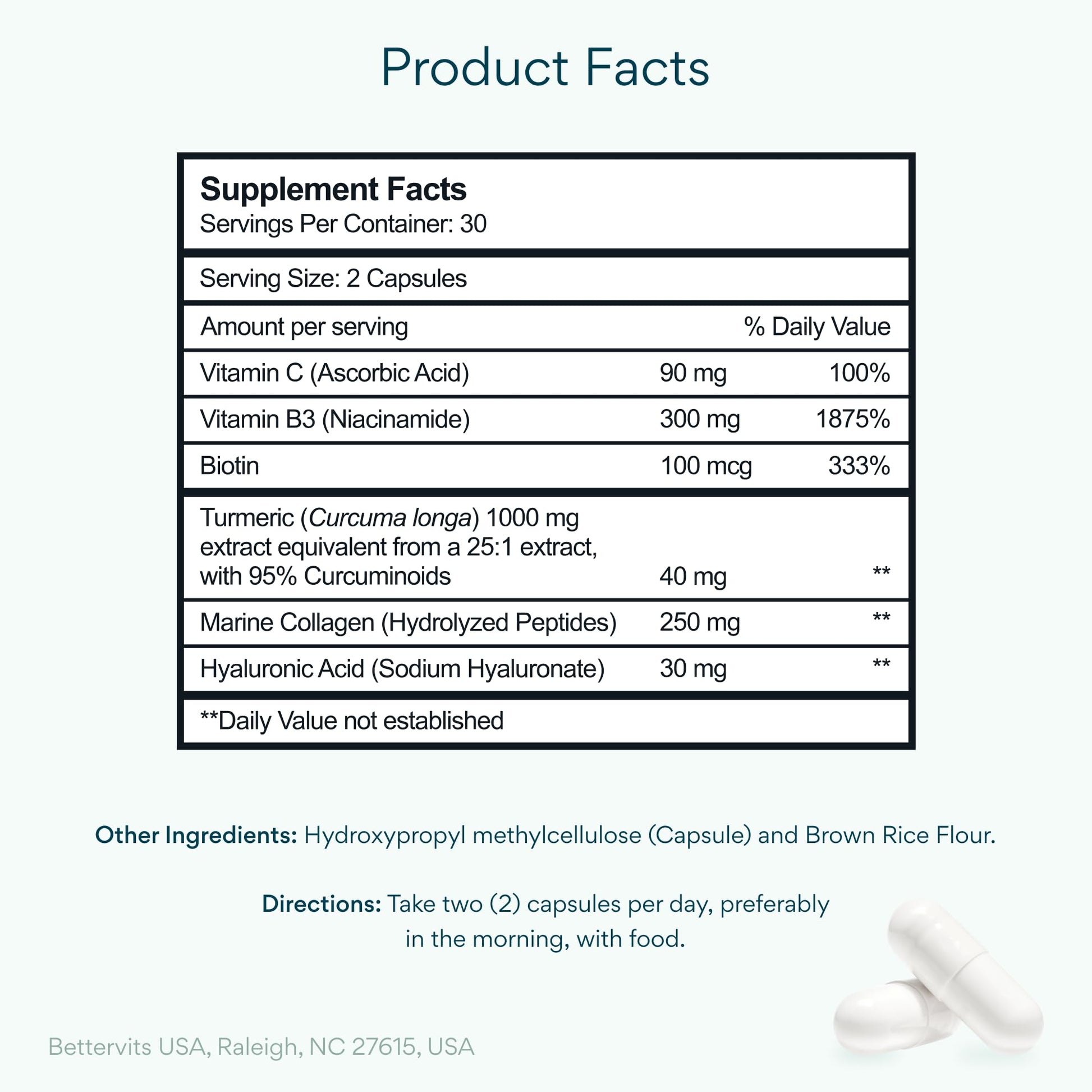 Bettervits Niacinamide Supplement with Vitamin B3, Marine Collagen & Hyaluronic Acid | High-Strength Vitamin B3 Capsules 300 mg. with Turmeric for Energy Metabolism - dailyvitalstore